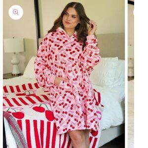 Cherry Print Pink Hooded Blanket Hoodie Robe